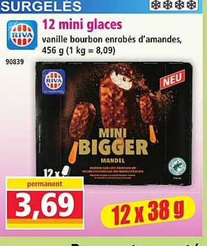12 mini glaces vanille bourbon enrobés d'amandes, 456 g (1 kg = 8,09)