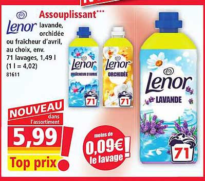 Assouplissant** lenor lavande, orchidée ou fraîcheur d’avril, au choix, env. 71 lavages, 1,49 l (1 l = 4,02) 81611