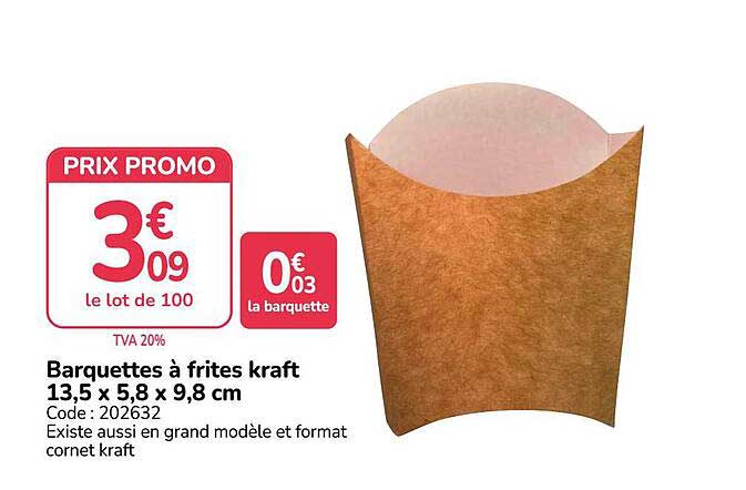 Barquettes à frites kraft 13,5 x 5,8 x 9,8 cm