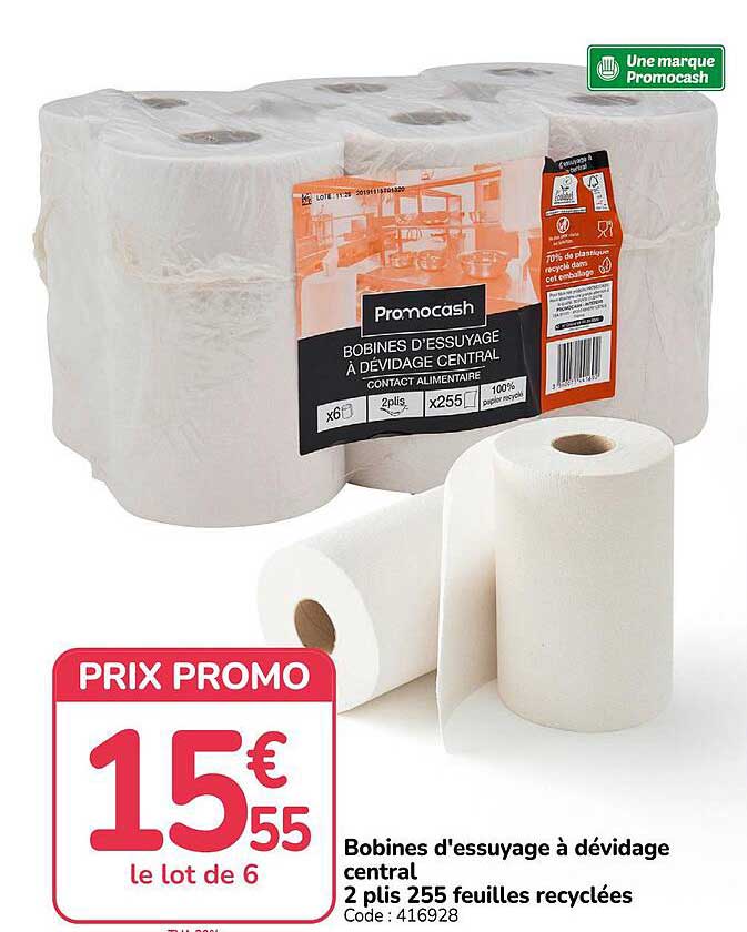 Bobines d'essuyage à dévidage central 2 plis 255 feuilles recyclées