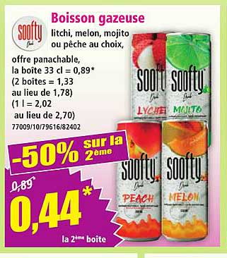 Boisson gazeuse litchi, melon, mojito ou pêche au choix, offre panachable, la boîte 33 cl = 0,89*