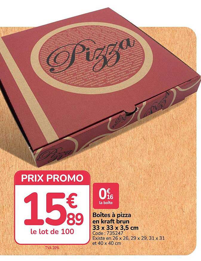 Boîtes à pizza en kraft brun 33 x 33 x 3,5 cm