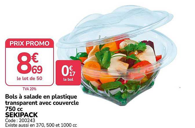Bols à salade en plastique transparent avec couvercle 750 cc SEKIPACK