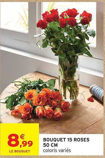 BOUQUET 15 ROSES 50 CM coloris variés