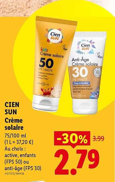 CIEN SUN Crème solaire 75/100 ml (1 L = 37,20 €) Au choix : active, enfants (FPS 50) ou anti-âge (FPS 30)