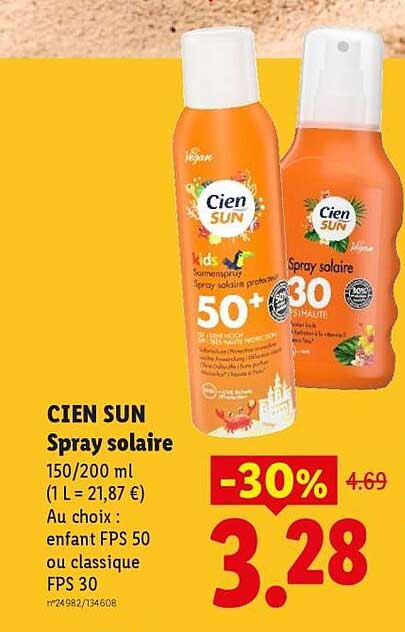 CIEN SUN Spray solaire 150/200 ml (1 L = 21,87 €) Au choix : enfant FPS 50 ou classique FPS 30