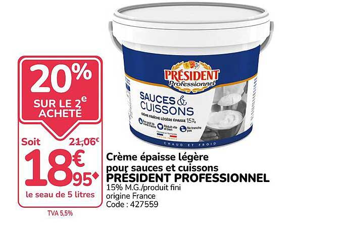 Crème épaisse légère pour sauces et cuissons PRESIDENT PROFESSIONNEL