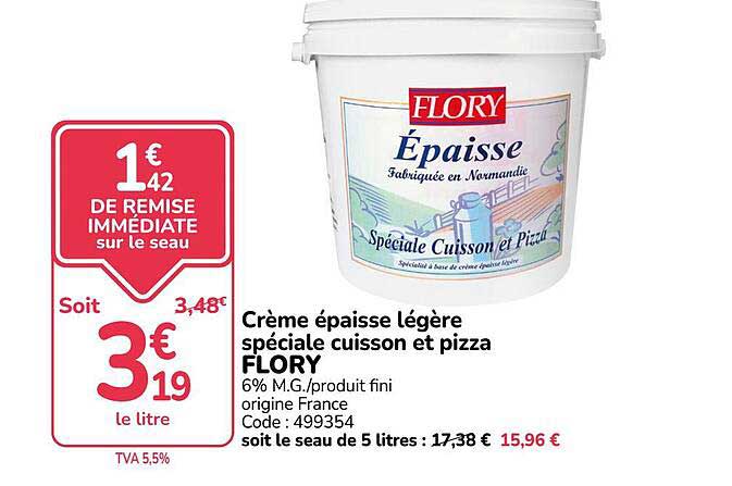Crème épaisse légère spéciale cuisson et pizza FLORY