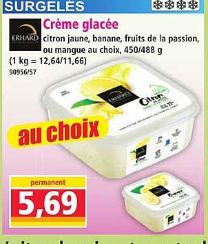 Crème glacée citron jaune, banane, fruits de la passion, ou mangue au choix, 450/488 g