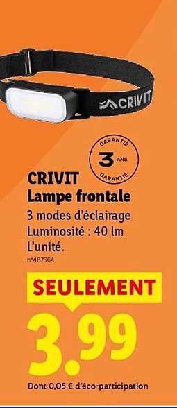 CRIVIT Lampe frontale 3 modes d'éclairage Luminosité : 40 lm L'unité.