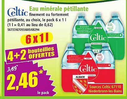 Eau minérale pétillante finement ou fortement pétillante, au choix, le pack 6 x 1 l