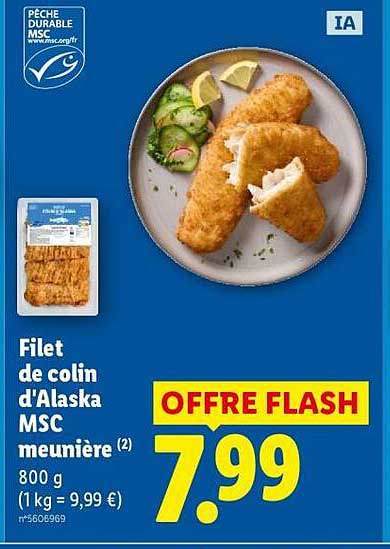 Filet de colin d'Alaska MSC meunière (2) 800 g (1 kg = 9,99 €)