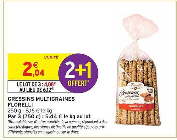 GRESSINS MULTIGRAINES FLORELLI 250 g - 8,16 € le kg 2+1 OFFERT