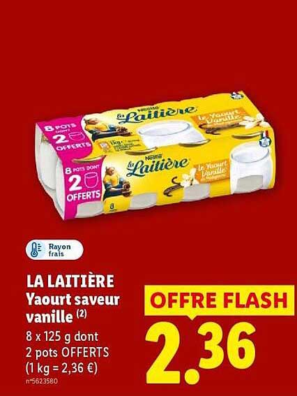 LA LAITIÈRE Yaourt saveur vanille (2) 8 x 125 g dont 2 pots OFFERTS (1 kg = 2,36 €)