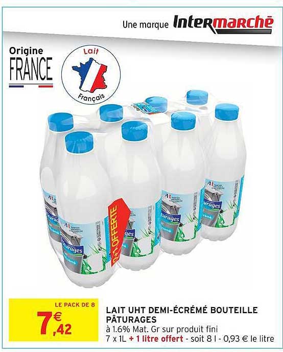 LAIT UHT DEMI-ÉCRÉMÉ BOUTEILLE PÂTURAGES
