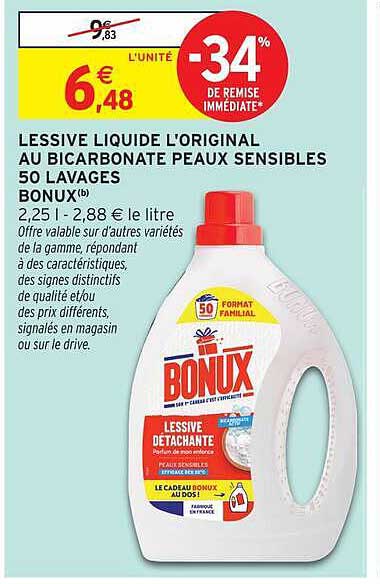 LESSIVE LIQUIDE L'ORIGINAL AU BICARBONATE PEAUX SENSIBLES 50 LAVAGES BONUX