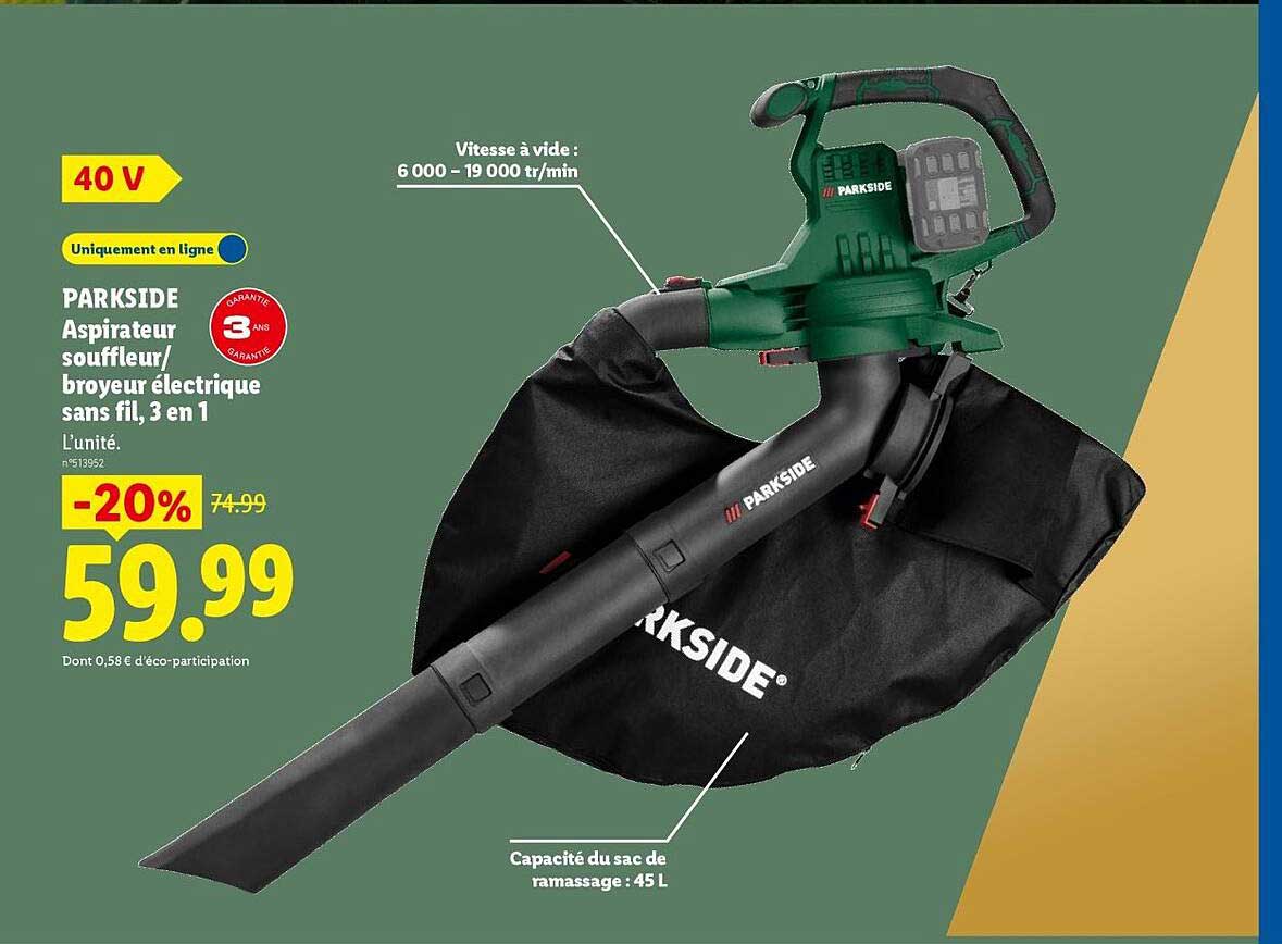 PARKSIDE Aspirateur souffleur/broyeur électrique sans fil, 3 en 1