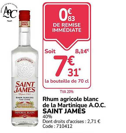 Rhum agricole blanc de la Martinique A.O.C. SAINT JAMES 40%