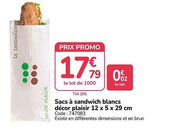 Sacs à sandwich blancs décor plaisir 12 x 5 x 29 cm