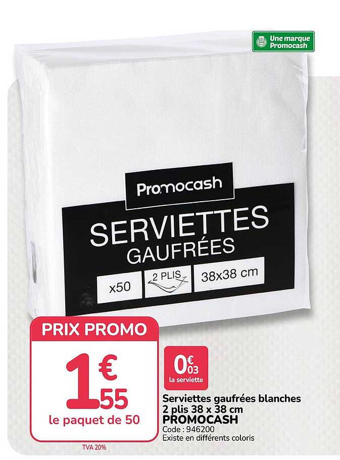Serviettes gaufrées blanches 2 plis 38 x 38 cm PROMOCASH