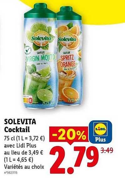 SOLEVITA Cocktail 75 cl (1 L = 3,72 €) avec Lidl Plus au lieu de 3,49 € (1 L = 4,65 €) Variétés au choix