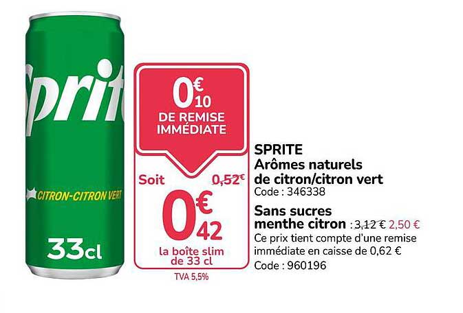 SPRITE Arômes naturels de citron/citron vert Sans sucres menthe citron