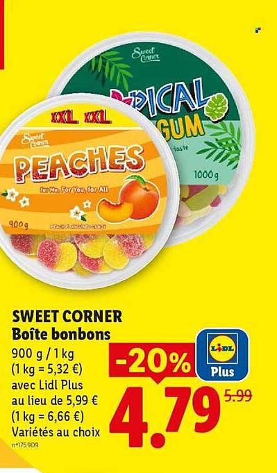 SWEET CORNER Boîte bonbons 900 g / 1 kg (1 kg = 5,32 €) avec Lidl Plus au lieu de 5,99 € (1 kg = 6,66 €) Variété au choix