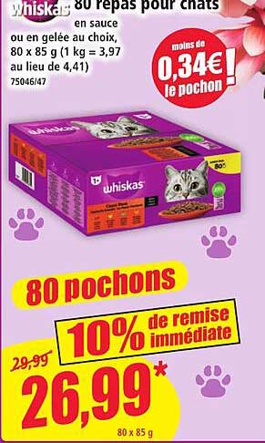 Whiskas 80 repas pour chats en sauce ou en gelée au choix, 80 x 85 g (1 kg = 3,97 au lieu de 4,41)