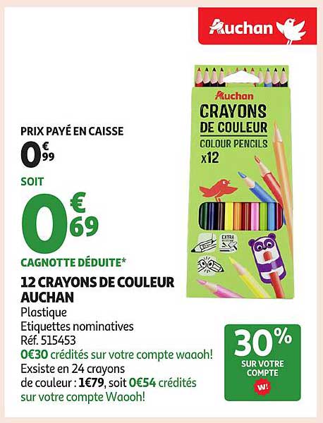 12 CRAYONS DE COULEUR AUCHAN