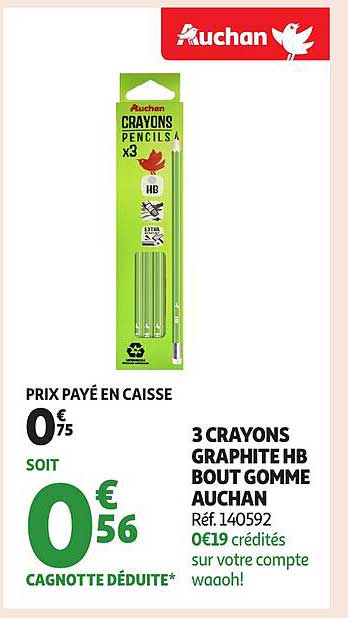 3 CRAYONS GRAPHITE HB BOUT GOMME AUCHAN