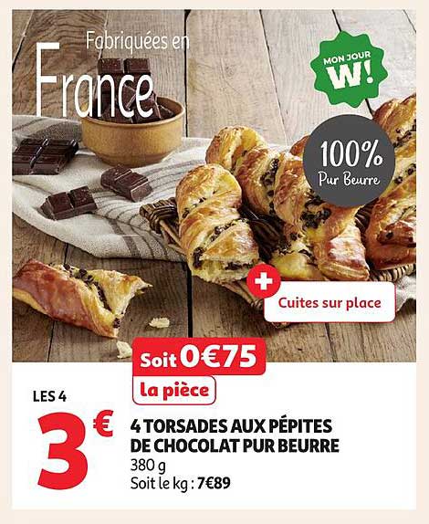 4 Torsades aux pépites de chocolat pur beurre