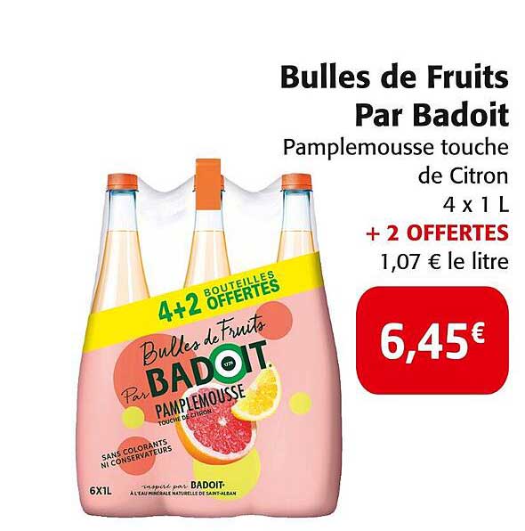 Bulles de Fruits Par Badoit Pamplemousse touche de Citron 4 x 1 L + 2 OFFERTE
