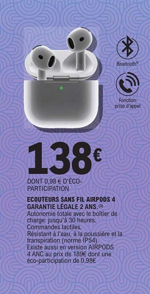 ECOUTEURS SANS FIL AIRPODS 4 GARANTIE LÉGALE 2 ANS.