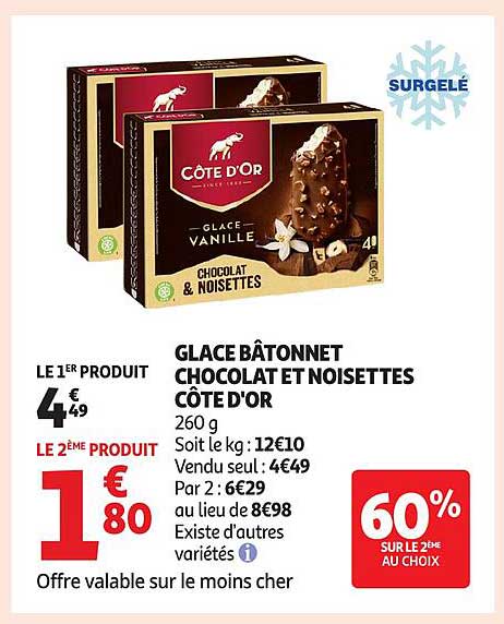 GLACE BÂTONNET CHOCOLAT ET NOISETTES CÔTE D'OR