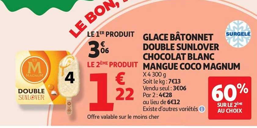GLACE BÂTONNET DOUBLE SUNLOVER CHOCOLAT BLANC MANGUE COCO MAGNUM