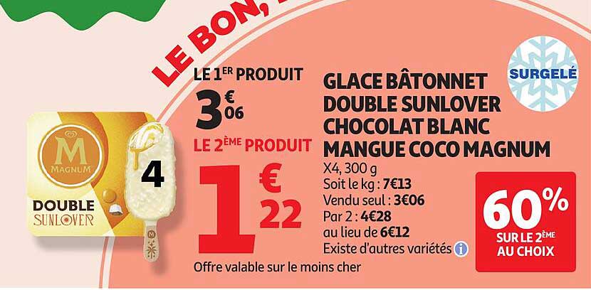 GLACE BÂTONNET DOUBLE SUNLOVER CHOCOLAT BLANC MANGUE COCO MAGNUM