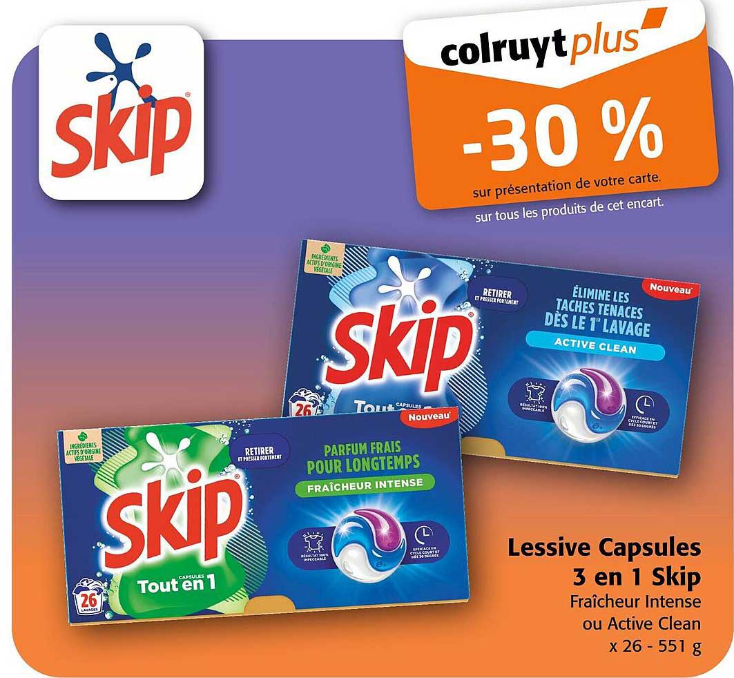 Lessive Capsules 3 en 1 Skip Fraîcheur Intense ou Active Clean x 26 - 551 g