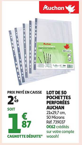 LOT DE 50 POCHETTES PERFORÉES AUCHAN