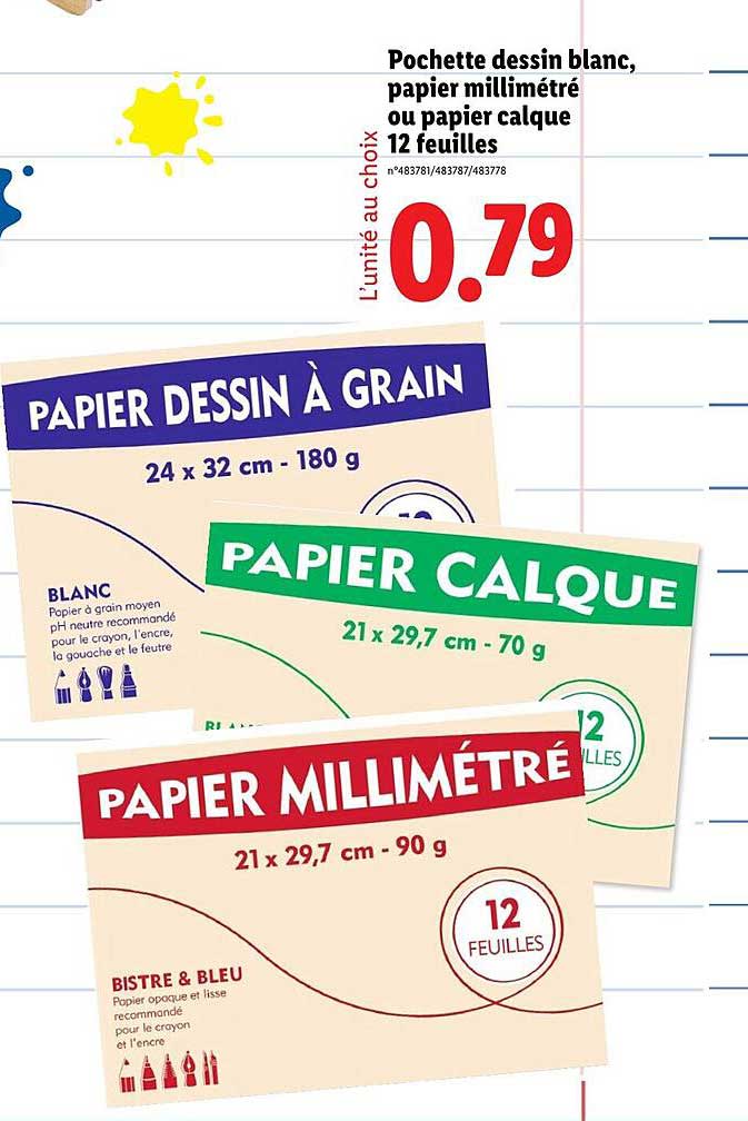 Pochette dessin blanc, papier millimétré ou papier calque 12 feuilles
