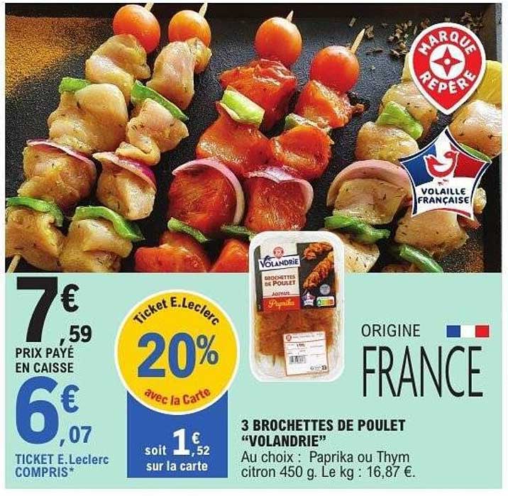 3 BROCHETTES DE POULET “VOLANDRIE”