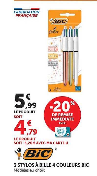 3 STYLOS À BILLE 4 COULEURS BIC