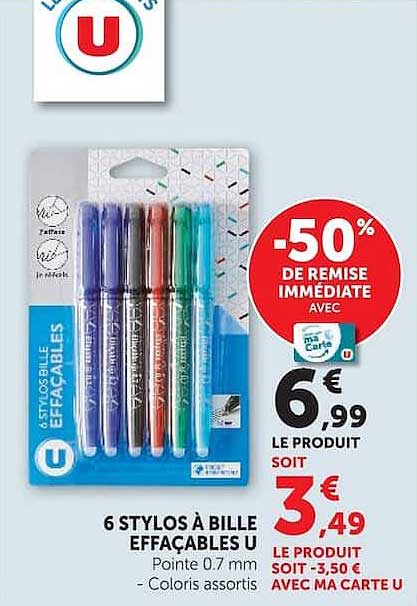 6 STYLOS À BILLE EFFAÇABLES U