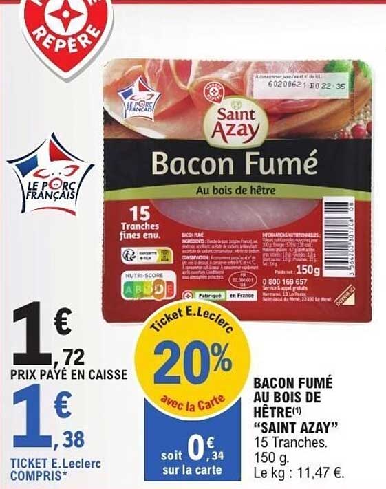 Bacon Fumé au bois de hêtre « SAINT AZAY » 15 Tranches. 150 g.