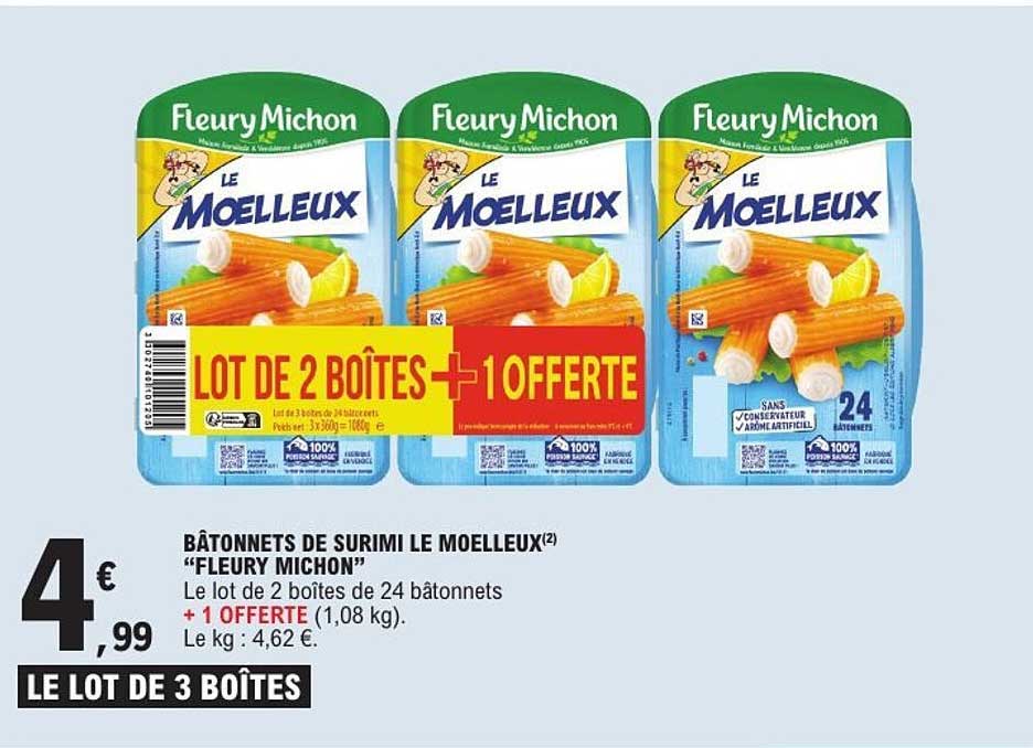 BÂTONNETS DE SURIMI LE MOELLEUX “FLEURY MICHON” Le lot de 2 boîtes de 24 bâtonnets + 1 OFFERTE (1,08 kg)