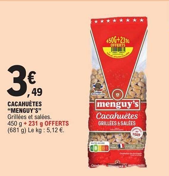 CACAHUÈTES "MENGUY'S" Grillées et salées. 450 g + 231 g OFFERTS (681 g)
