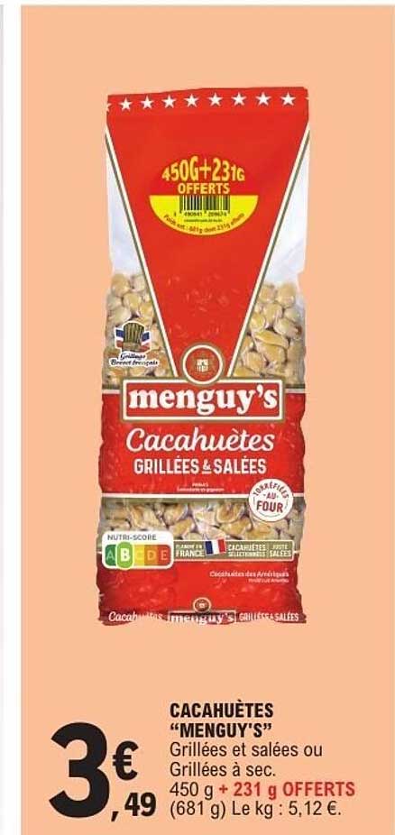 Cacahuètes "MENGUY'S" Grillées et salées ou Grillées à sec. 450 g + 231 g OFFERTS (681 g)