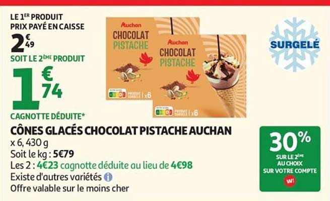 CÔNES GLACÉS CHOCOLAT PISTACHE AUCHAN