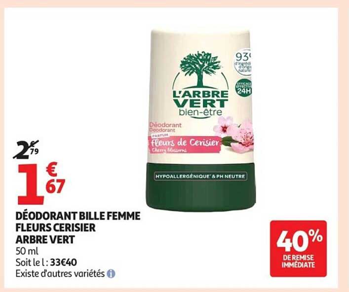 DÉODORANT BILLE FEMME FLEURS CERISIER ARBRE VERT