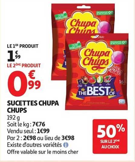 LE 1ER PRODUIT 1€99 LE 2EME PRODUIT 0€99 SUCETTES CHUPA CHUPS 192 g