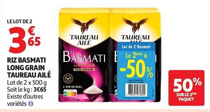 LE LOT DE 2 RIZ BASMATI LONG GRAIN TAUREAU AILÉ
